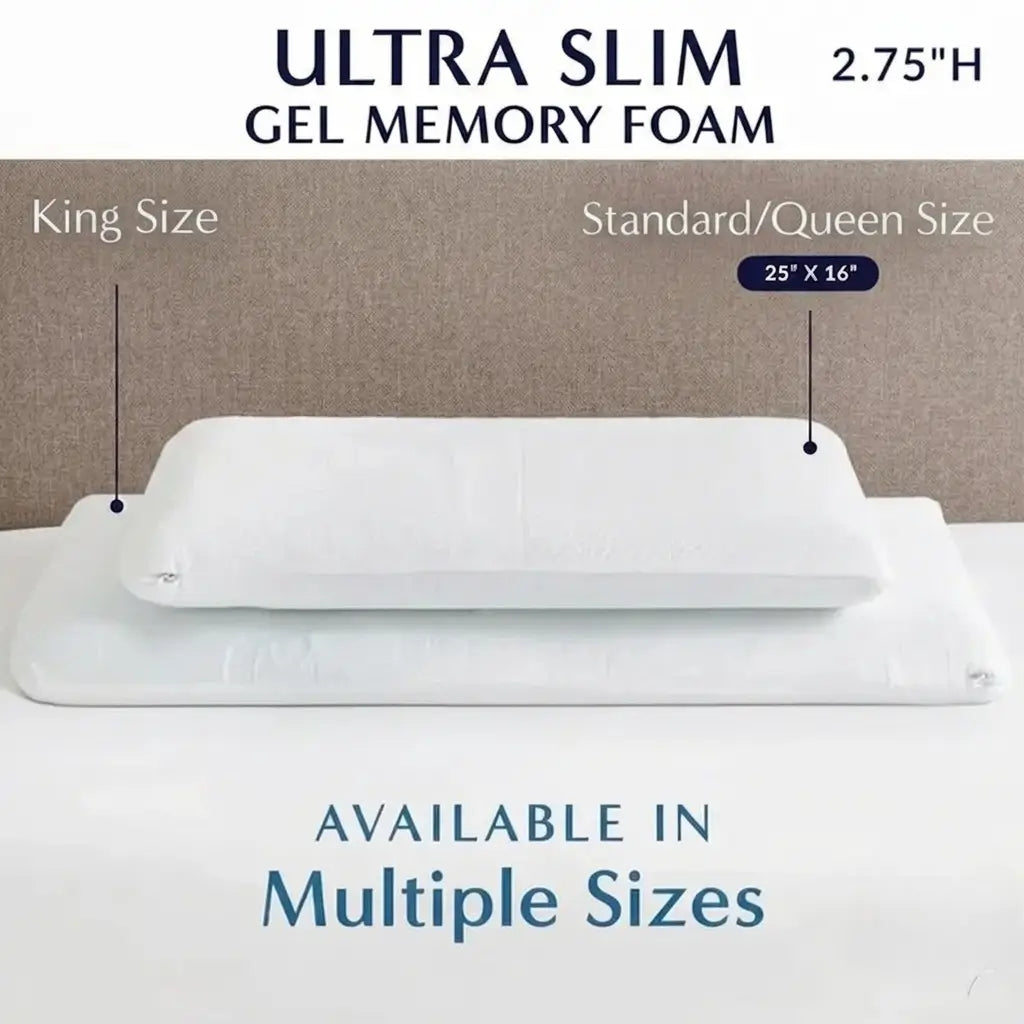 Ultra-Slim Gel Memory Foam Pillow for Stomach & Back Sleepers – 2.75" Height - Multi sized