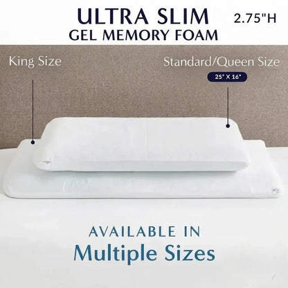 Ultra-Slim Gel Memory Foam Pillow for Stomach & Back Sleepers – 2.75" Height - Multi sized